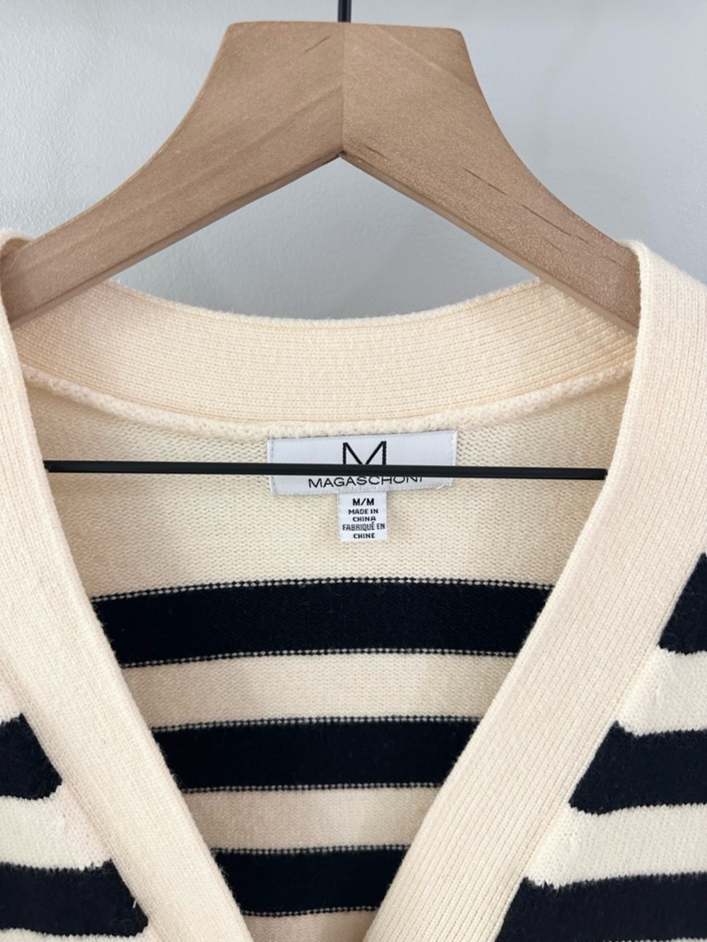 Magaschoni Women’s Stripe V-Neck Cardigan // Black & Cream // Medium - Picture 5 of 6